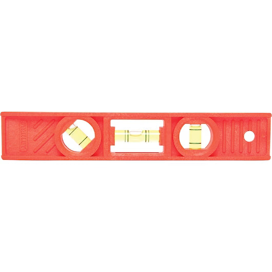 The STANLEY LEVEL TORPEDO 2V 8 in is a red plastic rectangular level with two vials for horizontal and vertical measurements, featuring a hole on one end for hanging.